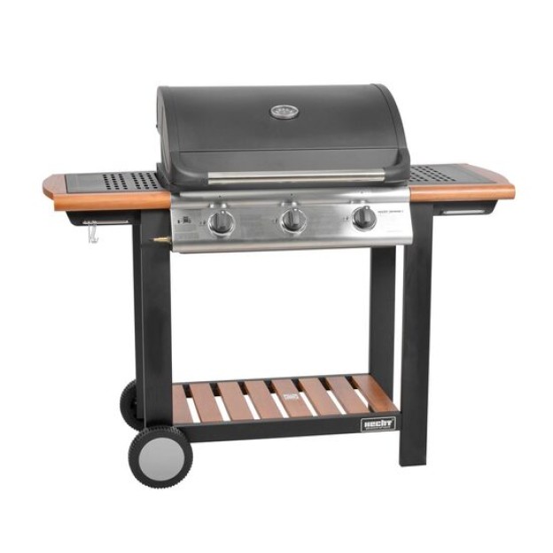 Gratar pe gaz cu 3 arzatoare HECHT FIREWOOD 3, 10.5 kW, gratar din fonta, cu termometru, roti pentru transport, 130x108x50 cm