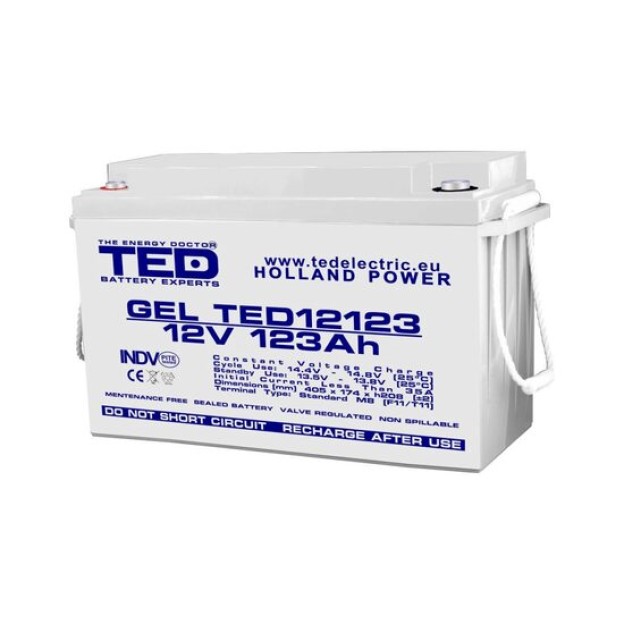 Acumulator 12V GEL Deep Cycle Solar, Dimensiuni 405 x 173 x 220 mm, Baterie 12V 123Ah M8, TED Electric TED003508