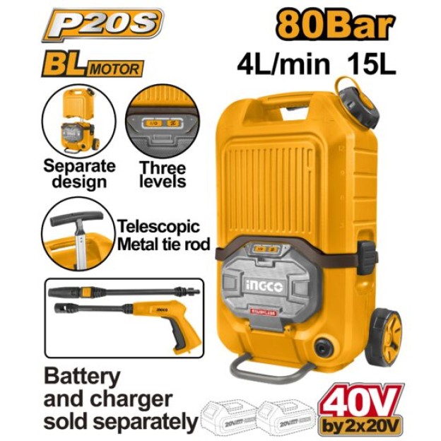 Aparat de Spalat cu Presiune turbojet 40V, 90bar, 15l, electric pe acumulator Ingco CPWLI4006