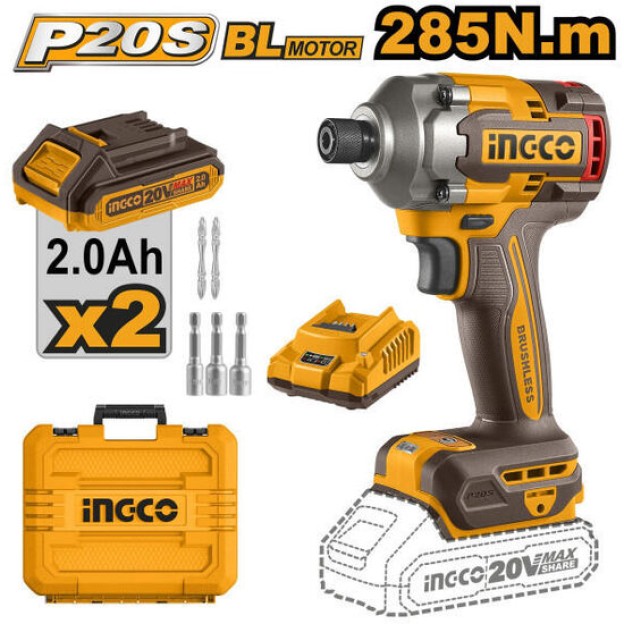 Masina de insurubat cheie cu impact 285nM, 1/4, 20v cu 2 acumulator 2900bpm, brushless Ingco CIRLI2028E