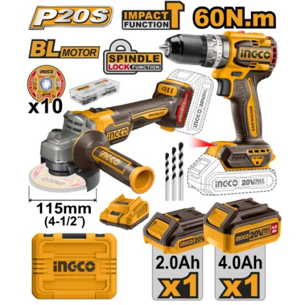 Masina de gaurit + Polizor unghiular flex cu 2 acumulator 2/4AH si incarcator bormasina P20S Ingco CKLI20273E