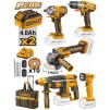 Set Kit de Scule electrice cu 2 acumulatori, flex, bormasina, rotopercutor, cheie impact, lanterna Ingco CKLI2019